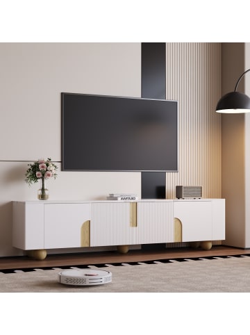 ABRIHOME Weißer TV-Schrank mit 4 Türen, Marmor-Optik Oberfläche & runden Holzfüßen