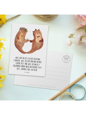Mr. & Mrs. Panda Postkarte 4. Hochzeitstag Seidenhochzeit mit Sp... in Weiß
