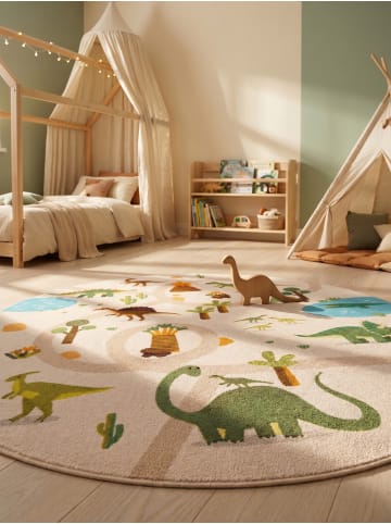 KADIMA DESIGN Kinderteppich Dinosaurier-Landschaft Waschbar TINO OEKO-TEX in Beige
