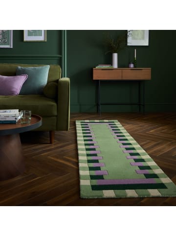 KADIMA DESIGN Wollteppich Geometrisch, Rahmen, Wohnzimmer schmutzabweisend in Grün-Lila