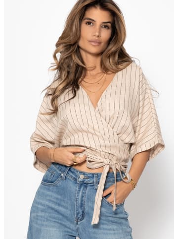 SASSYCLASSY Gestreifte Musselin Wickel Bluse in Beige