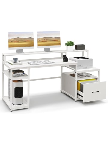 COSTWAY Schreibtisch mit Monitorständer in Weiß