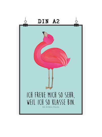 Mr. & Mrs. Panda Poster Flamingo Stolz mit Spruch in Türkis Pastell