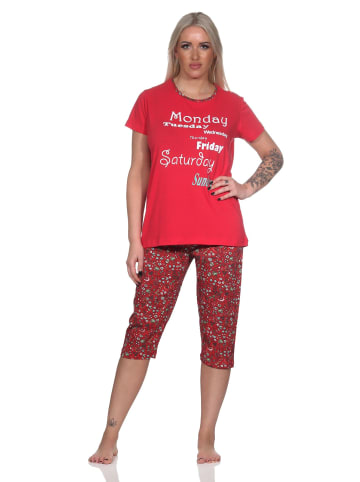 NORMANN Damen Capri Pyjama mit Allover-Muster und Frontprint - 86331 in rot