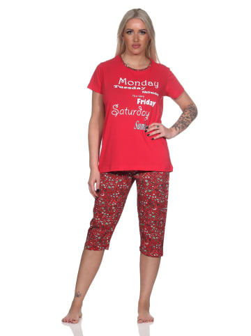 NORMANN Damen Capri Pyjama mit Allover-Muster und Frontprint in rot