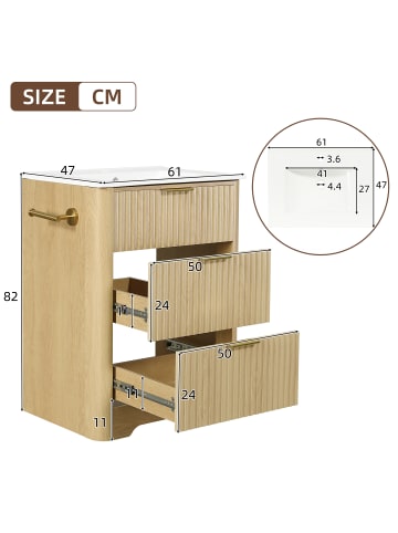ABRIHOME Waschbeckenunterschrank in Holzoptik 61 cm mit Keramikbecken goldenen Griffen