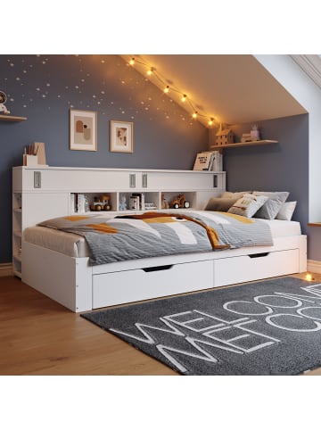 ABRIHOME Doppelbett in Weiß 140x200 cm mit Schubladen Regalen und Bettkasten 