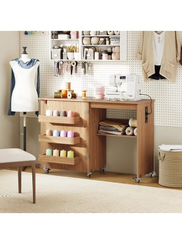 COSTWAY 2 in 1 Nähtisch klappbar mit Ladestation in Hellbraun