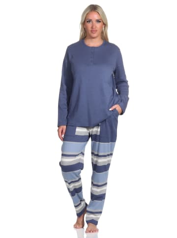 NORMANN Pyjama lang Schlafanzug gestreifter Hose interlock in blau-melange