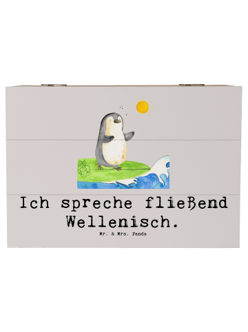 Mr. & Mrs. Panda Holzkiste Fließend Surfen mit Spruch in Grau Pastell