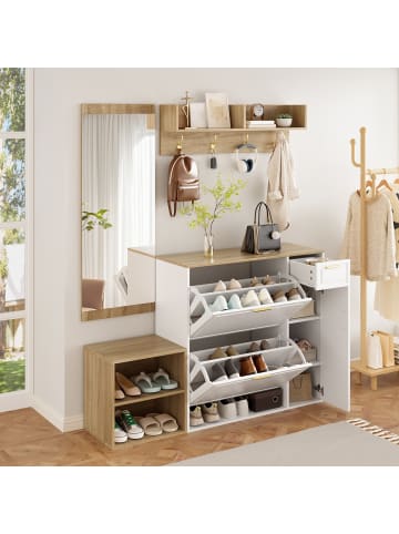 ABRIHOME Garderoben Set in Weiß 4-tlg mit Schuhschrank Sitzbank Spiegel 139,5x35x166 cm