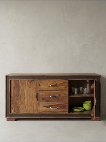 KADIMA DESIGN Rustikales Sideboard, Sheesham Massivholz, Kunstleder, 160x44x80 cm