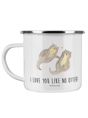 Mr. & Mrs. Panda Camping Emaille Tasse Otter Hände halten mit Sp... in Weiß