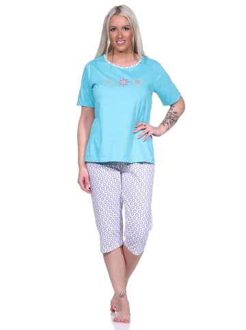 NORMANN Schlafanzug Capri Pyjama BlümchenMuster und Caprihose in türkis