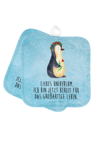 Mr. & Mrs. Panda 2er Set Topflappen  Pinguin Blumen mit Spruch in Eisblau