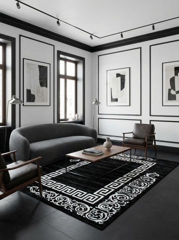 Teppich Kurzflor Waschbar Mäander ASPEN Strapazierfähig OEKO-TEX in Schwarz