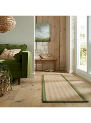 KADIMA DESIGN Jute-Teppich Fischgrätenmuster Bordüre rutschfest Naturfaser in Braun-Grün