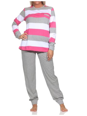 NORMANN Schlafanzug langarm Bündchen Blockstreifen in pink
