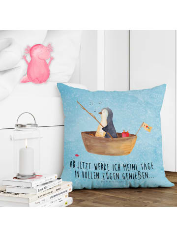Mr. & Mrs. Panda Dekokissen Pinguin Angelboot mit Spruch in Eisblau