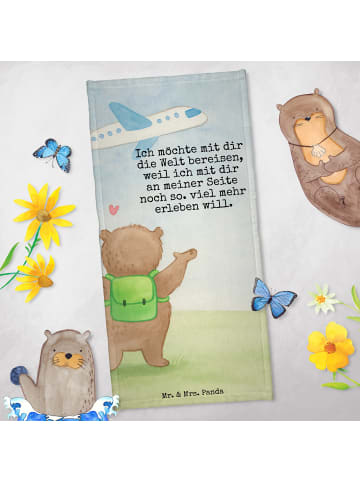 Mr. & Mrs. Panda Strandlaken Bär Flugzeug Design mit Spruch in Grau Pastell