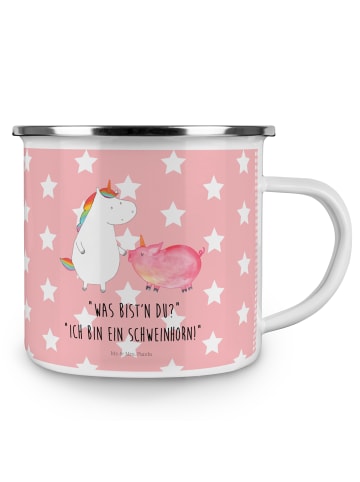 Mr. & Mrs. Panda Emaille Tasse Einhorn Schwein mit Spruch in Rot Pastell