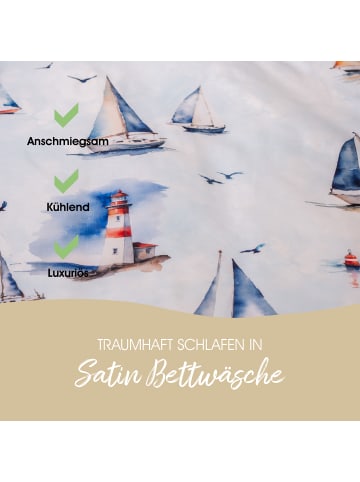 Janine Modern Art Mako Satin Bettwäsche - Segelboote in blau