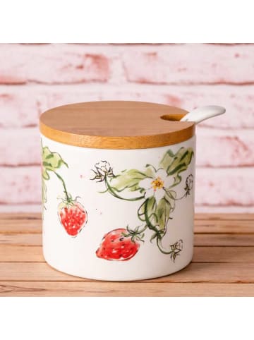 AltoBelli Dose BERRY Weiß Marmeladendose ERDBEERSTRAUCH mit Holzdeckel und Löffel 170 ml