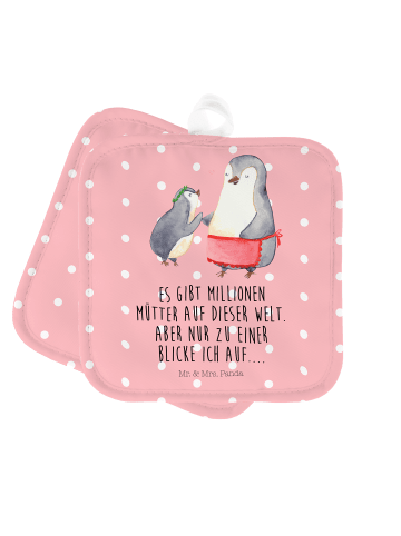 Mr. & Mrs. Panda Topflappenset Pinguin mit Kind mit Spruch in Rot Pastell