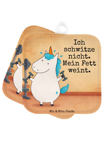 Mr. & Mrs. Panda Ofenhandschuhe Einhorn Fitness Design mit Spruch in Weiß