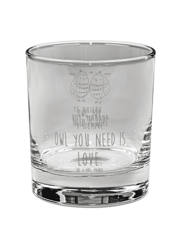 Mr. & Mrs. Panda Whiskey Glas Eulen Liebe mit Spruch in Transparent