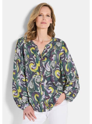 GOLDNER Kurzgröße:  Blusenshirt Blusentunika mit Häkelband, Langarm in grün / gemustert