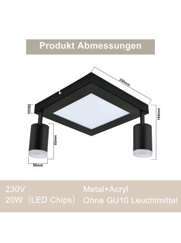 ZMH Deckenleuchte LED 2-flammige GU10 in schwarz eckig 20W schwenkbar L 25cm