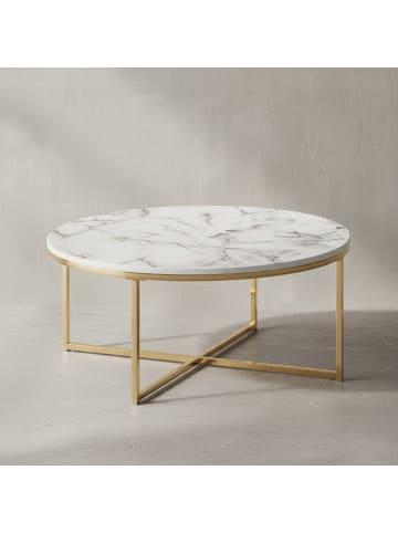 KADIMA DESIGN Runder Couchtisch in Marmor-Optik, 80 cm Durchmesser, Hochglanz in Weiß