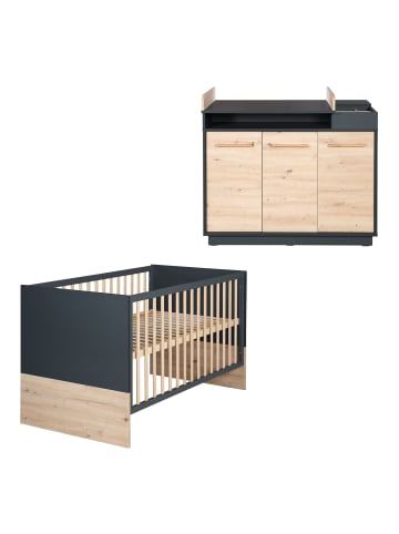 roba Möbelset Lenn 2-tlg. Anthrazit/Eiche mit Bett & breiter Wickelkommode