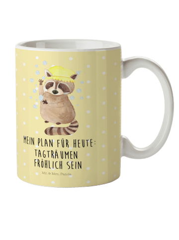 Mr. & Mrs. Panda Kindertasse Waschbär mit Spruch in Gelb Pastell