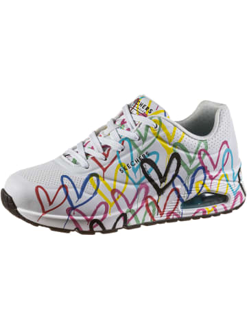 Skechers Sneaker Uno in white durabuck w multi color heart print-mesh trim