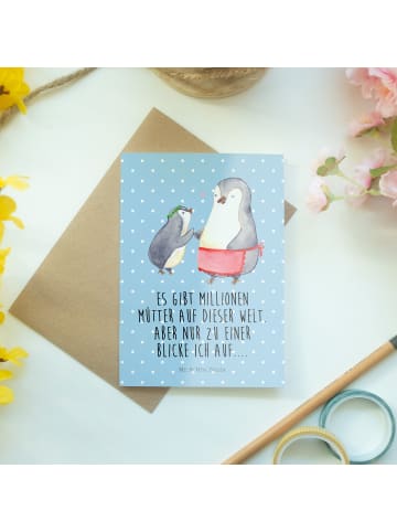 Mr. & Mrs. Panda Grußkarte Pinguin mit Kind mit Spruch in Blau Pastell