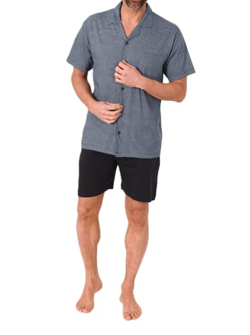 NORMANN Kurzarm Schlafanzug Shorty Pyjama durchknöpfbar in blau
