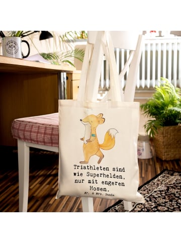 Mr. & Mrs. Panda Tasche Triathlon Superheld mit Spruch in Creme