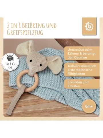 Bieco Spielwaren Greifling Holz Natur und Baumwolle gehäkelt Rassel - ab GeburtElefant in Beige