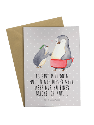 Mr. & Mrs. Panda Glückwunschkarte Pinguin mit Kind mit Spruch in Grau Pastell