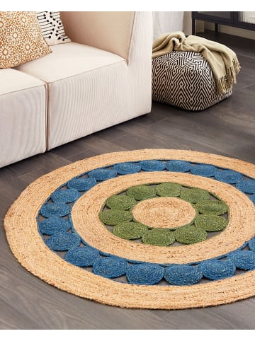 Beliani Geflochtener Teppich HOVIT in /Blau/Grün - (W) 140 x (L) 140 cm