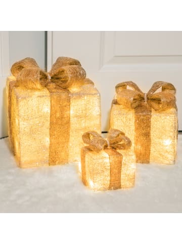 MARELIDA 3er Set LED Geschenkboxen Timer für Innen Batteriebetrieb in creme, gold