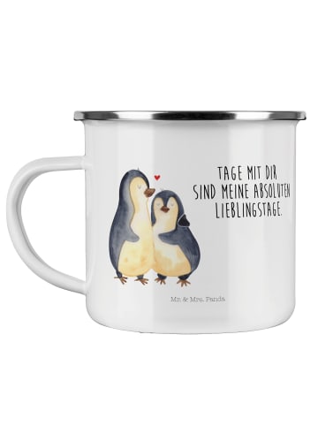Mr. & Mrs. Panda Tasse Emaille Pinguin umarmen mit Spruch in Weiß