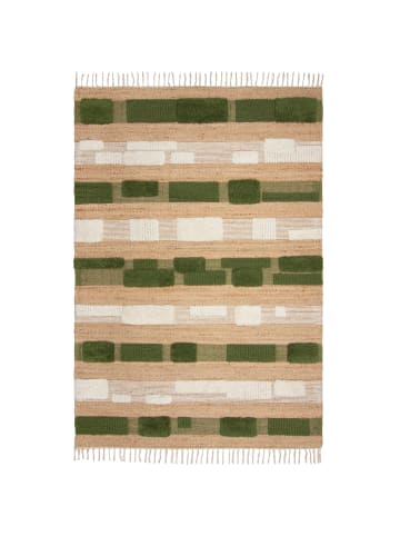 KADIMA DESIGN Teppich Hoch-Tief Struktur Gestreift, Patchwork-Optik, Fransen in Natur-Grün