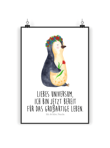 Mr. & Mrs. Panda Poster Pinguin Blumen mit Spruch in Weiß