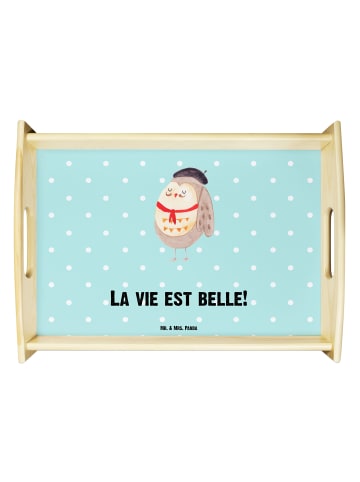 Mr. & Mrs. Panda Holz Serviertablett Eule Frankreich mit Spruch in Türkis Pastell