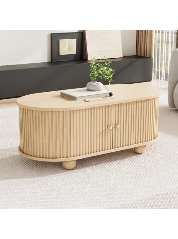 ABRIHOME Couchtisch in Holzfarbe oval mit Schiebetüren Stauraum platzsparend