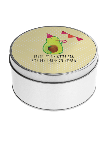 Mr. & Mrs. Panda Blechdose rund Avocado Party mit Spruch in Gelb Pastell