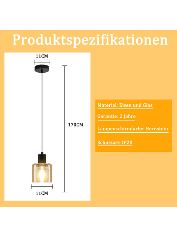 ZMH Pendelleuchte 1-flammige E27 in Bernstein rund mit Glas B 11cm